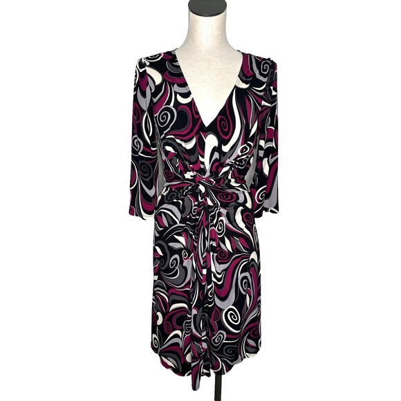 BISOU BISOU Midi Dress Size 14 V-Neck Twist Front Stretch Sheath Geometric - Picture 1 of 12